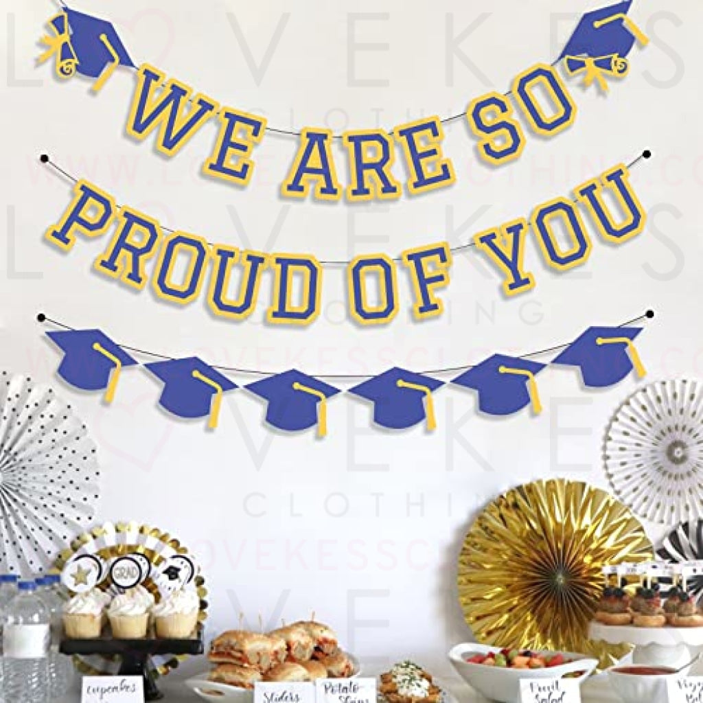 We Are So Proud Of You Banner Graduation Party Decorations Congrats Grad Cap Garlands Wall Sign Blue Yellow