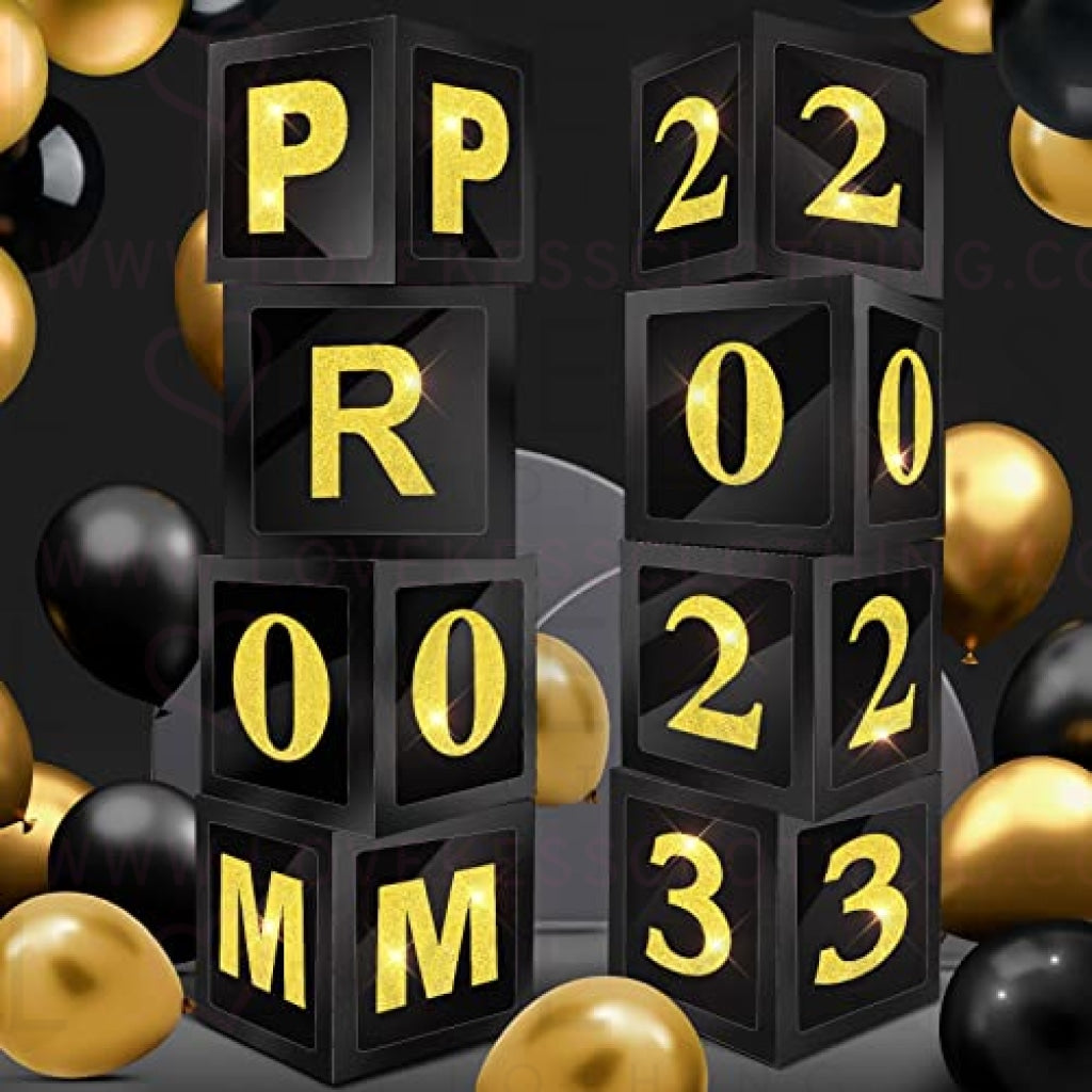8 Pcs Prom Decorations Prom Column 12 Inches Balloons Boxes Set Senior Night Decorations Graduation Balloon Box Prom Decor for Indoor Outdoor Home Door Party Decorations (Black Gold)
