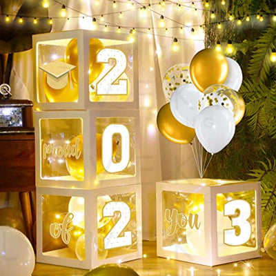 Graduation Box Decorations with Balloon and LED Light Strings Congrats 2023 Grad Party Supplies Proud of You Balloon Boxes for Class of 2023 School College Party Decor, 44 Pieces (White)