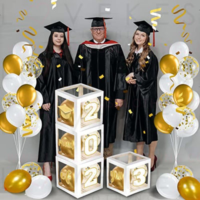 Graduation Box Decorations with Balloon and LED Light Strings Congrats 2023 Grad Party Supplies Proud of You Balloon Boxes for Class of 2023 School College Party Decor, 44 Pieces (White)