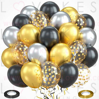 Black Gold and Silver Balloons, 60pcs Matte Black Chrome Gold Silver Metallic Latex Balloons with Confetti Balloons, Black Gold Party Decorations for Birthday Anniversary Wedding Baby Shower Party