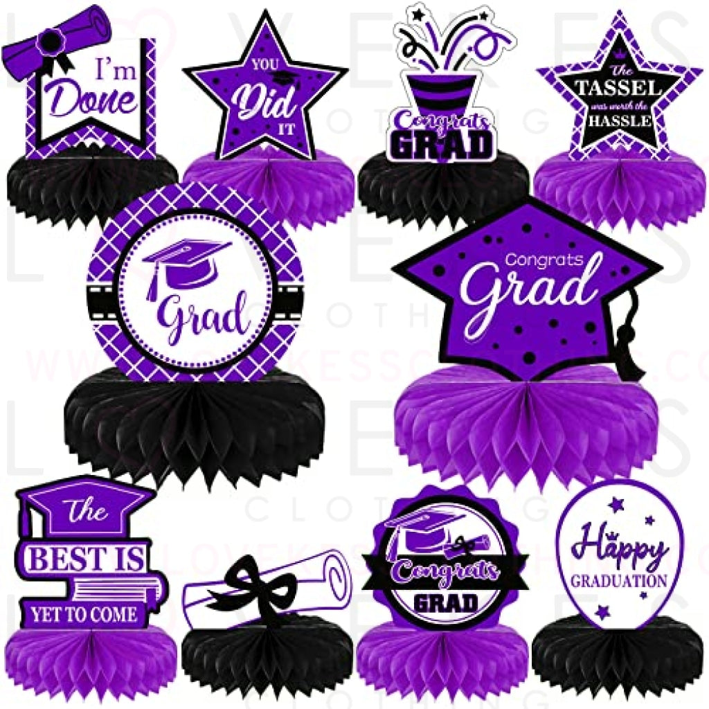 10PCS Class of 2023 Graduation Party Decorations 2023 Congrats Grad Honeycomb Centerpieces Congratulate Graduation Table Toppers for Graduation Party Favor Supplies(Black Purple)