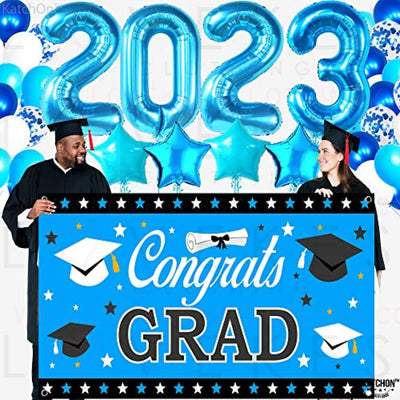 KatchOn, Graduation Decorations Class of 2023 Blue - Huge Pack of 40 | Blue 2023 Balloons | Large Congrats Grad Graduation Banner Blue with Confetti Balloons for Sky Blue Graduation Decorations 2023