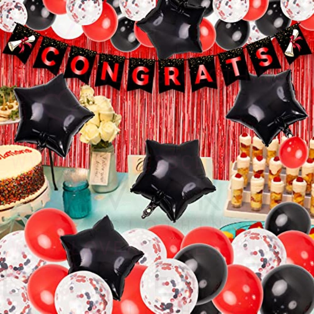74pcs Graduation Party Decorations Kit Congrats Banner Red White Black Confetti Latex Balloon Arch Star Balloons Curtain for University College High School Grad Party Decorations Supplies