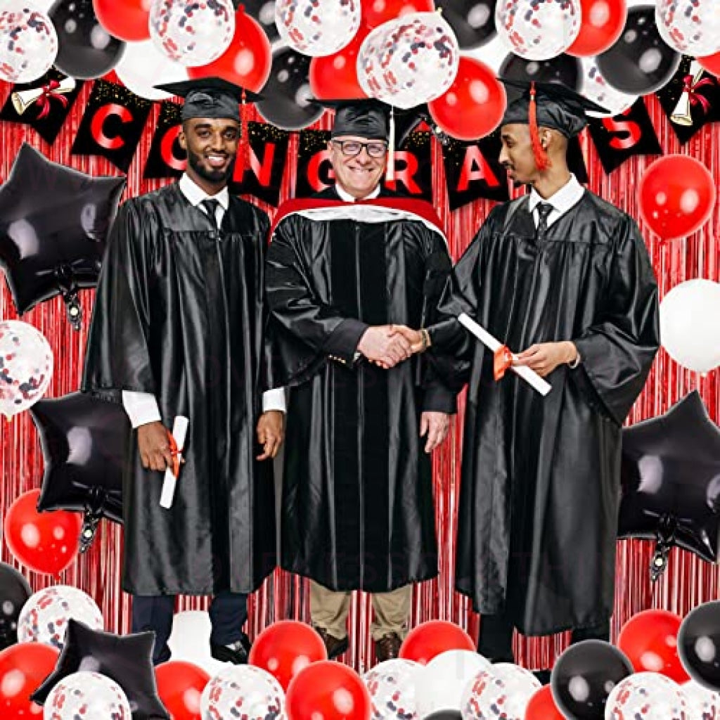 74pcs Graduation Party Decorations Kit Congrats Banner Red White Black Confetti Latex Balloon Arch Star Balloons Curtain for University College High School Grad Party Decorations Supplies