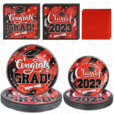 2023 Red Graduation Plates and Napkins Set Party Supplies for 50 Guest- 200pcs Class of 2023 Grad Party Tableware kit Include Dinner Plates Dessert Plates Napkins for Congrat Grad Party Decorations