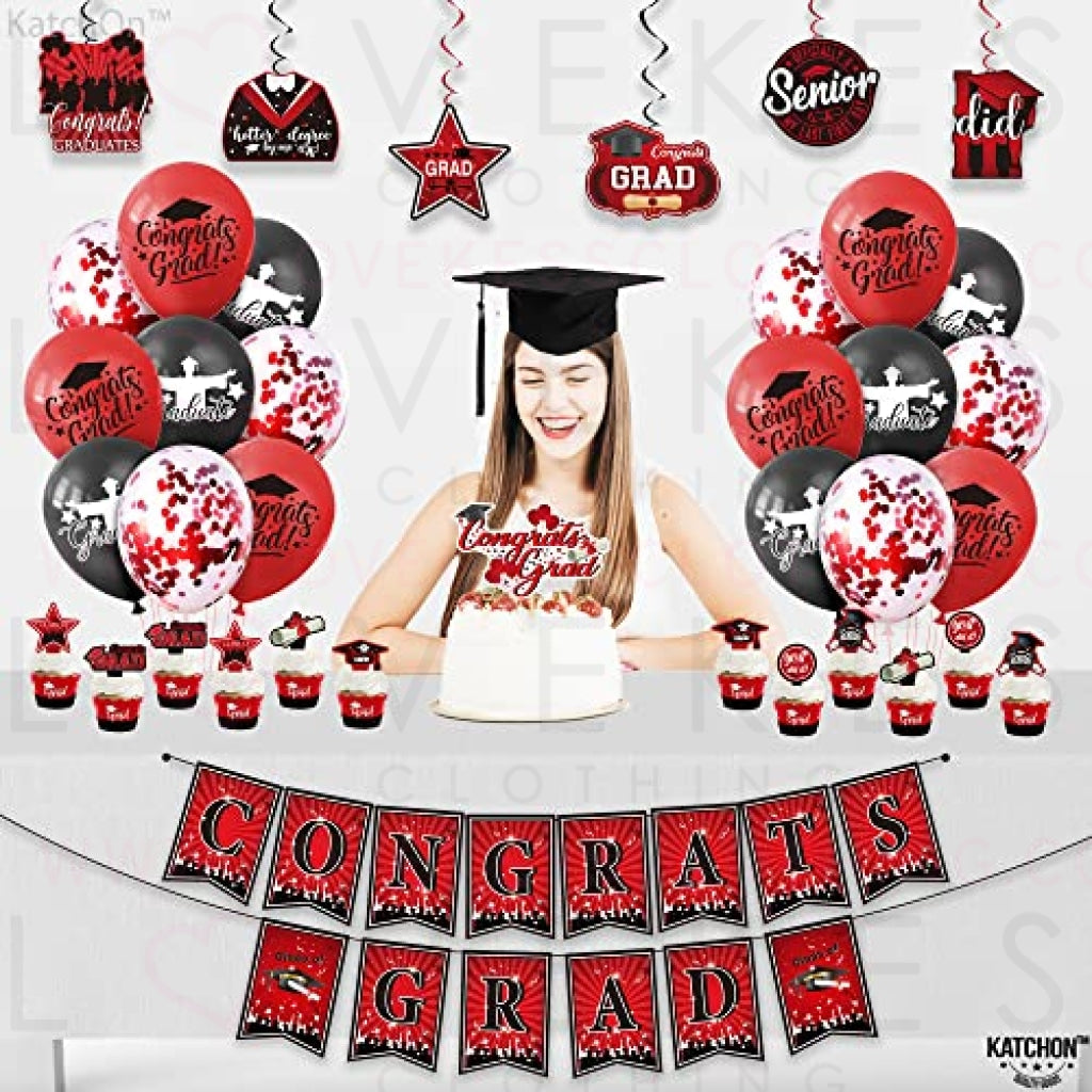 KatchOn, Graduation Party Decorations 2023 Set - Pack of 37 | Graduation Cake Toppers 2023 | Graduation Party Hanging Swirls 2023 | Congrats Grad Banner for Red and Black Graduation Decorations 2023