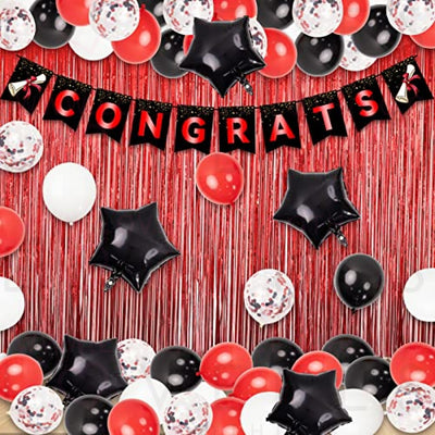 74pcs Graduation Party Decorations Kit Congrats Banner Red White Black Confetti Latex Balloon Arch Star Balloons Curtain for University College High School Grad Party Decorations Supplies