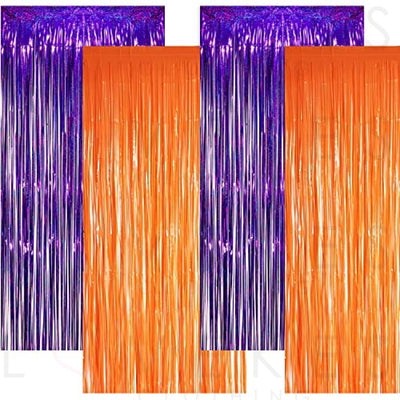 Purple and Orange Tinsel Foil Fringe Curtain for 3.2ft x 8.2ft x 4 Packs Party Backdrop Halloween Themed Party Witch Decor Mischief Decor Photo Booth Streamers