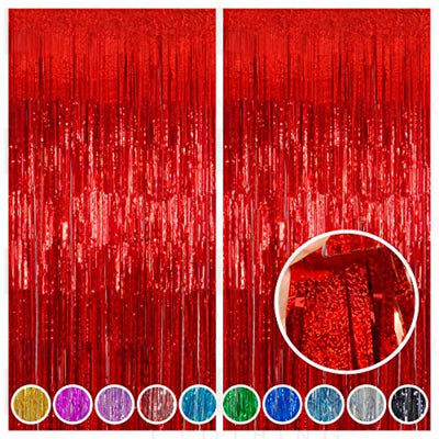 Melsan 2 Pack 3.2 ft x 8.2 ft Tinsel Foil Fringe Curtains Backdrop, Sparkle Fringe Curtains for Party Photo Background Decoration, Red