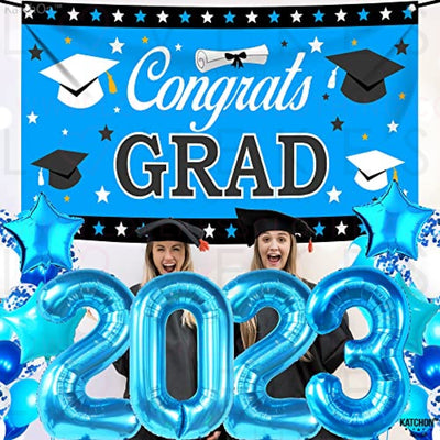 KatchOn, Graduation Decorations Class of 2023 Blue - Huge Pack of 40 | Blue 2023 Balloons | Large Congrats Grad Graduation Banner Blue with Confetti Balloons for Sky Blue Graduation Decorations 2023