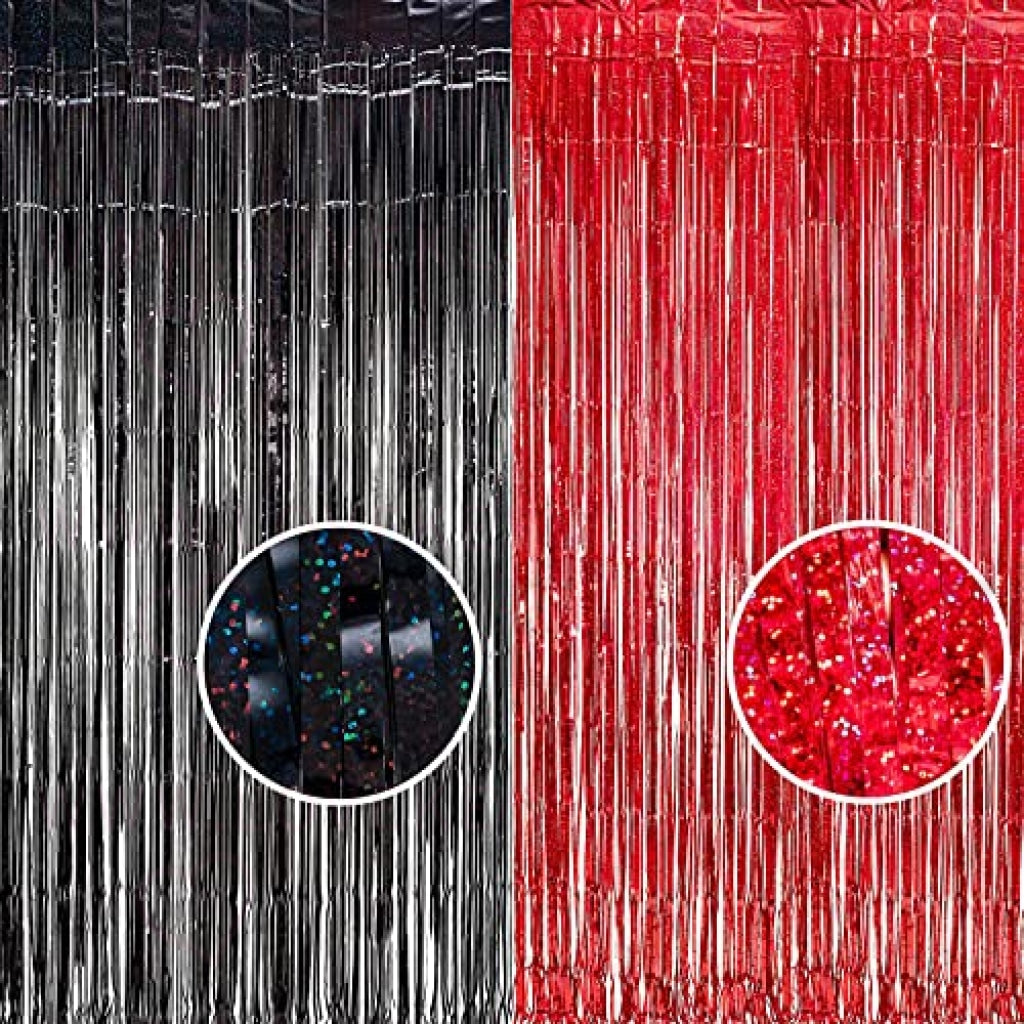 Party Decorations Foil Fringe Curtain - Glitter Metallic Tinsel Steamers Photo Background Backdrop for Birthday Bachelorette Unicorn Christmas Graduation Halloween Euphoria Celebrations - Black Red