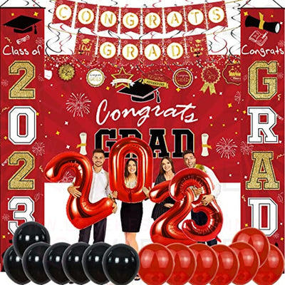 HIPEEWO Graduation Decorations 2023 - Graduation Party Supplies Include Congrats Grad Banner, Backdrop, Porch Sign, Balloons, Hanging Swirls, High School College Graduation Party Decorations | Red