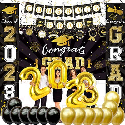 HIPEEWO Graduation Decorations 2023 - Graduation Party Supplies Include Congrats Grad Banner, Backdrop, Porch Sign, Balloons, Hanging Swirls, High School College Graduation Party Decorations | Black