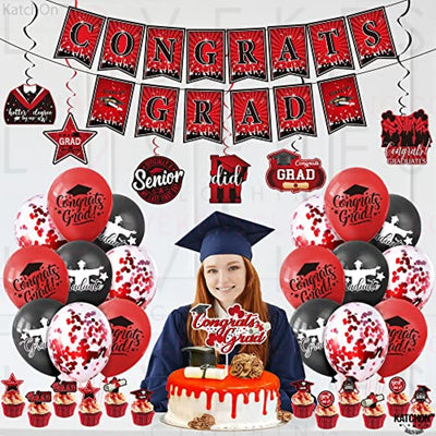 KatchOn, Graduation Party Decorations 2023 Set - Pack of 37 | Graduation Cake Toppers 2023 | Graduation Party Hanging Swirls 2023 | Congrats Grad Banner for Red and Black Graduation Decorations 2023