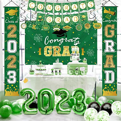 HIPEEWO Graduation Decorations 2023 - Graduation Party Supplies Include Congrats Grad Banner, Backdrop, Porch Sign, Balloons, Hanging Swirls, High School College Graduation Party Decorations | Green