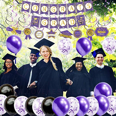 HIPEEWO Graduation Decorations 2023 - Graduation Party Supplies Include Congrats Grad Banner, Backdrop, Porch Sign, Balloons, Hanging Swirls, High School College Graduation Party Decorations | Purple