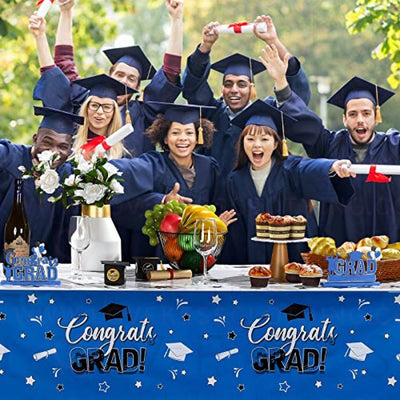 3 Pack Graduation Party Tablecloth Congrats Class of 2022 Graduation Table Covers Grad Cap Table Cloth Rectangle Plastic Tablecloth for Grad Party Decorations and Supplies, 54 x 108 Inch (Blue)