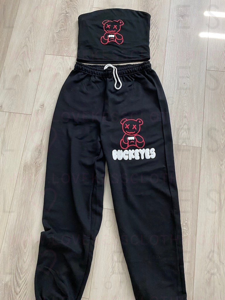 LoveKess Clothing Original Cropped Puffy Teddy Bear Matching Tube Top/Sweatpant Set