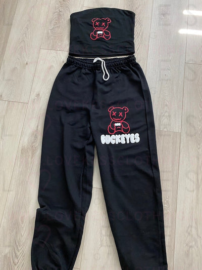 LoveKess Clothing Original Cropped Puffy Teddy Bear Matching Tube Top/Sweatpant Set
