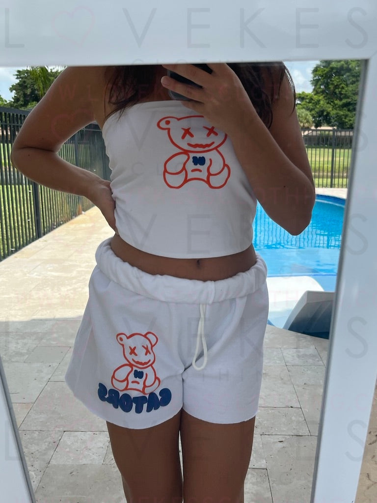 LoveKess Clothing Original Cropped Puffy Teddy Bear Matching Tube Top/Shorts Set
