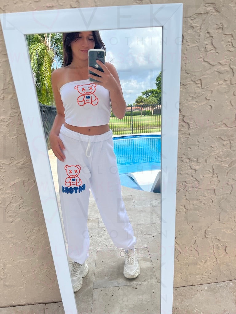 LoveKess Clothing Original Cropped Puffy Teddy Bear Matching Tube Top/Shorts Set